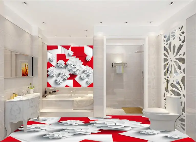 

custom 3d floor painting Red and white box wallpaper for bathroom vinyl floor tiles self adhesive film 3d wallpaper floor