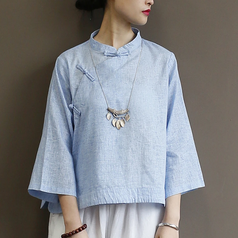 

2019 New Clothes Women Tops Vintage Three Quarter Sleeve Button Stand Collar Solid Shirt Cotton Linen Women Blouses