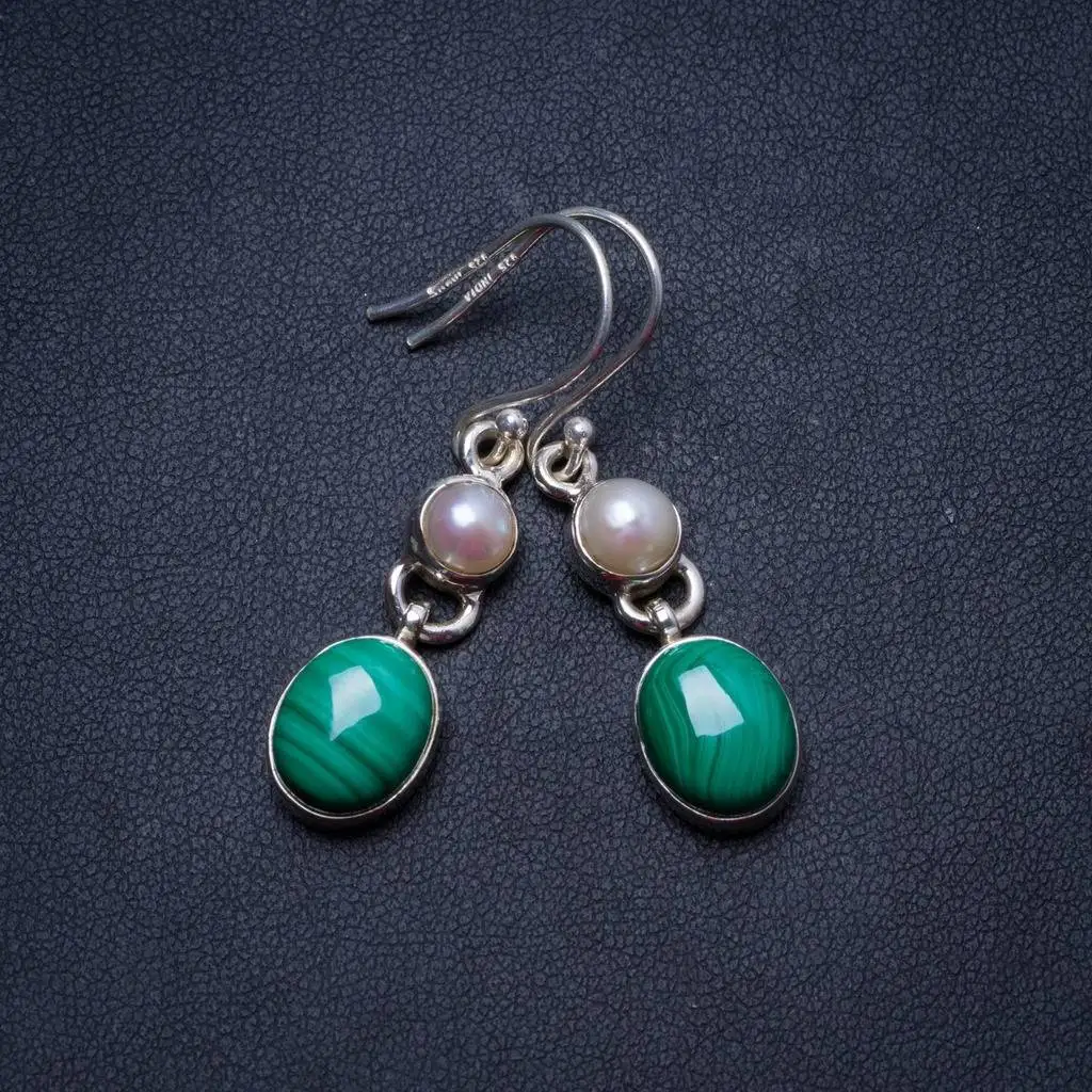 

Natural Malachite and River Pearl Handmade Unique 925 Sterling Silver Earrings 1.5" X3503