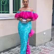 Элегантное бирюзовое синее кружевное Африканское вечернее платье с открытыми плечами ярко-розовые оборки 3D цветы размера плюс нигерийские вечерние платья