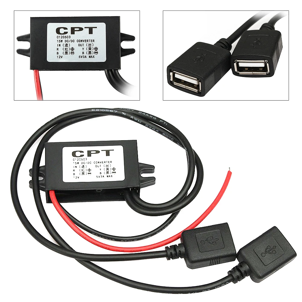 Universal USB Port 12V to 5V Reduction Voltage 3A USB 2.0 Navigator Carcorder Power Converter