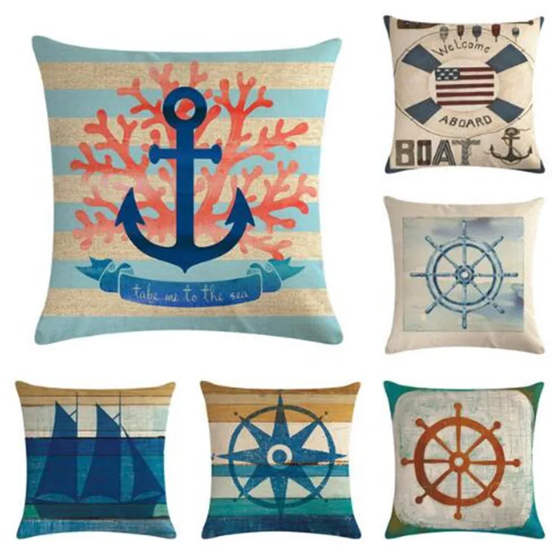 

Retro ship and anchor pattern linen/cotton throw pillow covers couch pillows