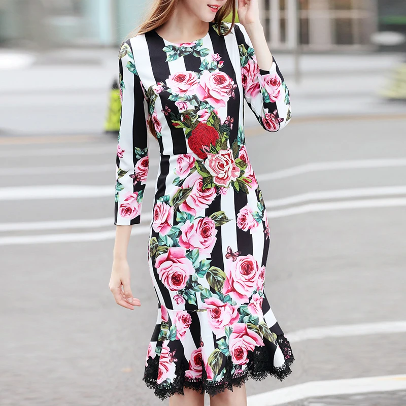 

HIGH QUALITY 2018 Spring Designer Runway Dress Women's Wrist Sleeves Flowers Printed Embroidery Patchwork Lace Mermaid Dress