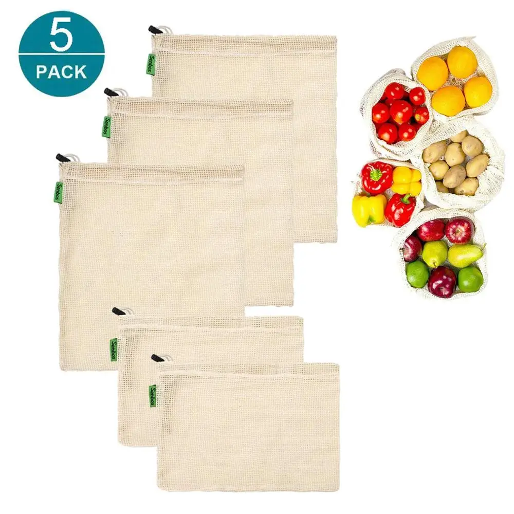 

5pcs/set Reusable Organic Cotton Vegetable Bags Eco Friendly Mesh Produce Bags Muslin Grocery Sundries Shopping Bag Food Storage