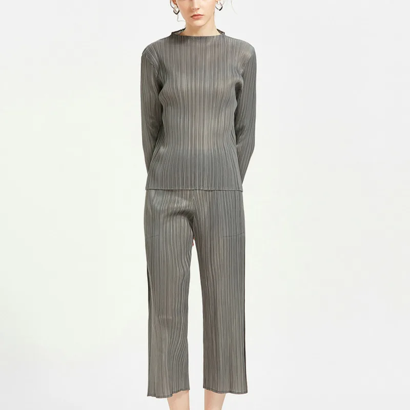 

LANMREM 2019 Autumn New Casual Fashion Women Loose Plus Round Neck Long Sleeve Pleated T-shirt Nine Pants Pure Color Suit TC876
