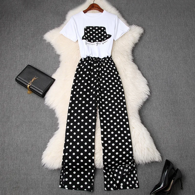 

Pants Set Summer Women 2019 New Diamonds Chain Embroidered Short Sleeved T Shirt + Elastic Waist Polka Dot Split Wide Leg Pants