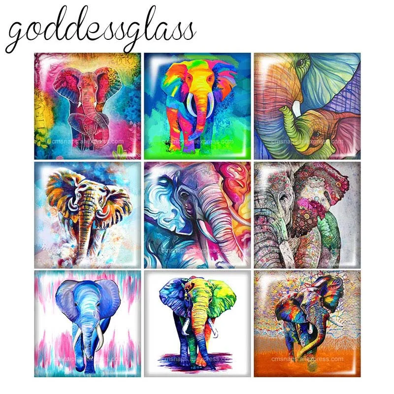 

FB0356 Colorful painting Elephant 12mm/20mm/25mm/30mm Square photo glass cabochon demo flat back Making findings