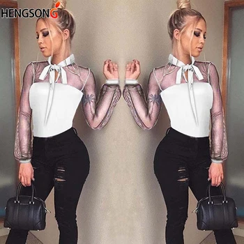 

New Summer Bodysuit Women Transparent Tops Sexy Bow Mock Neck Patchwork Long Sleeve Back Ladies Lace Mesh Bodysuit