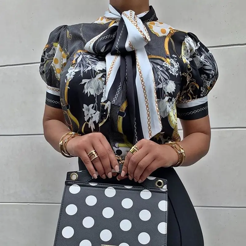 

Retro Elegant Black Floral Lantern Blouse Plus Size Women Vintage Office Ladies Turtleneck Bow Lace Up Summer Tops 2019 Shirts