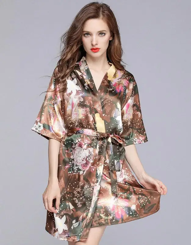 robe 5 Женское платье-пеньюар, летнее атласное кимоно, халат, платье с цветочным рисунком павлина, свадебное платье для невесты, платье подружки невесты, мини-ночная рубашка, домашняя одежда - Цвет: robe 5