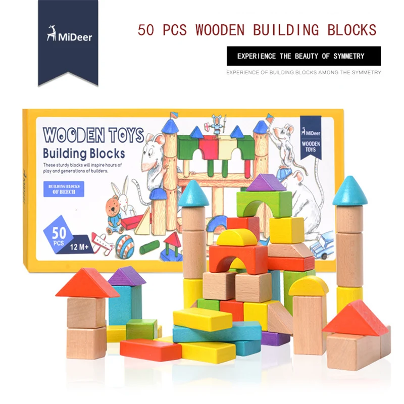 MiDeer 50 шт. цветные детские строительные блоки деревянные игрушки обучения, развивающие игрушки для детей Подарки