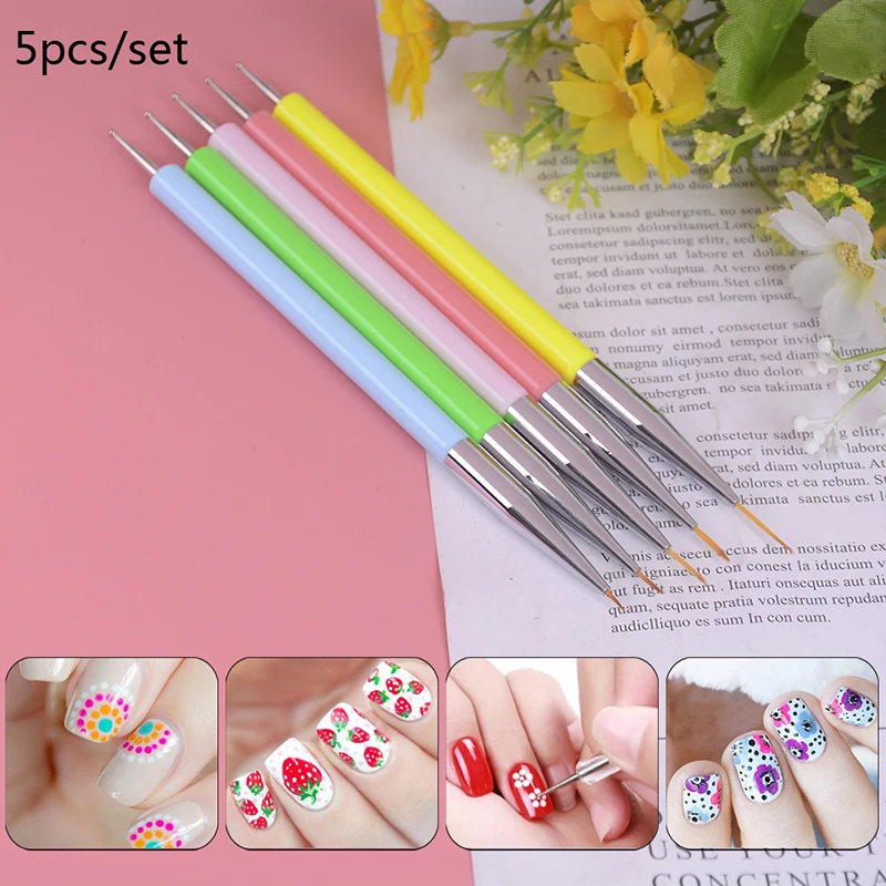 NEW 5pcs Nail Art Dotting Pen 2 Ways UV Gel Painting Manicure Tool Drawing Liner Flower Brush Decoration Nail Art Tool