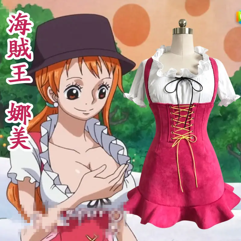 

COSREA Japanese Anime ONE PIECE Cosplay Costume Nami Rose Red Lovely Dress With Bowknot Costumes Haklllowen Party For Woman