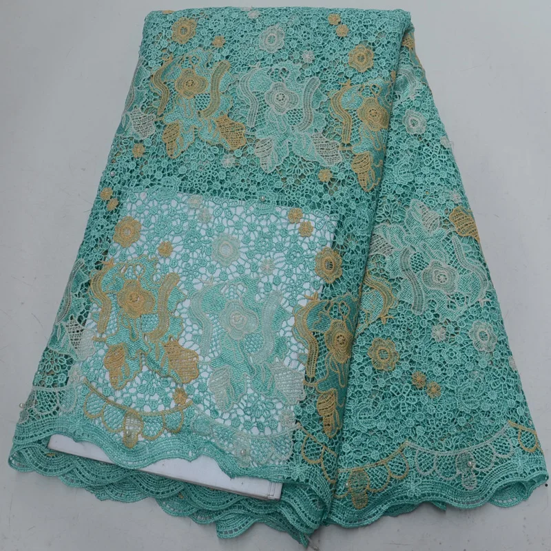 

Free shipping (5yards/pc) High quality mint green African cord lace fabric colorful water soluble lace for party dress WLP864