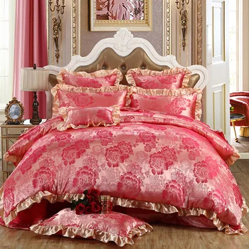 

Luxury 4Pcs Lace Sateen Silky European Style Jacquard Floral Queen/King Size Bed Linen Quilt/Doona/Duvet Cover Set&Sheet Red