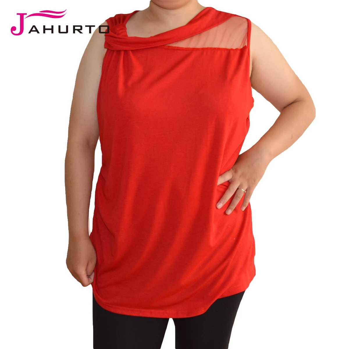 Women Summer Red Shirts Sleeveless Patchwork Camisetas Pleated Women T