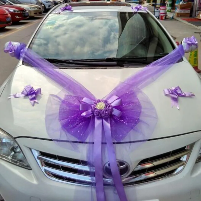 Wedding Decoration Car Flowers Artificial Organza Bow Rose Foam Flower Ribbon Wedding Decorative Garlands Set Wreath Table - Цвет: Purple White