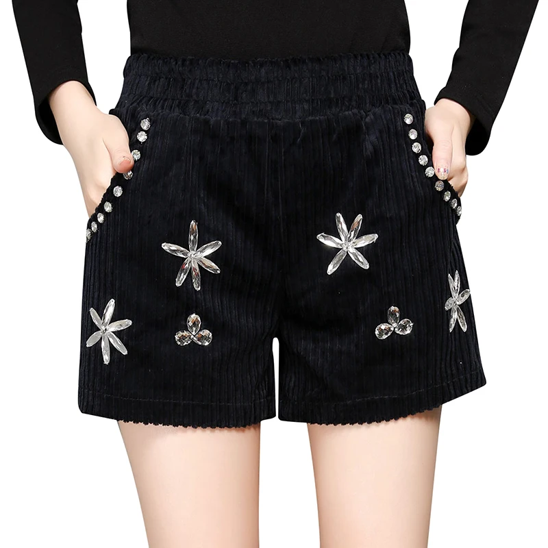 

Beaded petals black shorts women Elastic waist Slanted pocket shorts summer autumn Night Club Mini Short Pants For Women