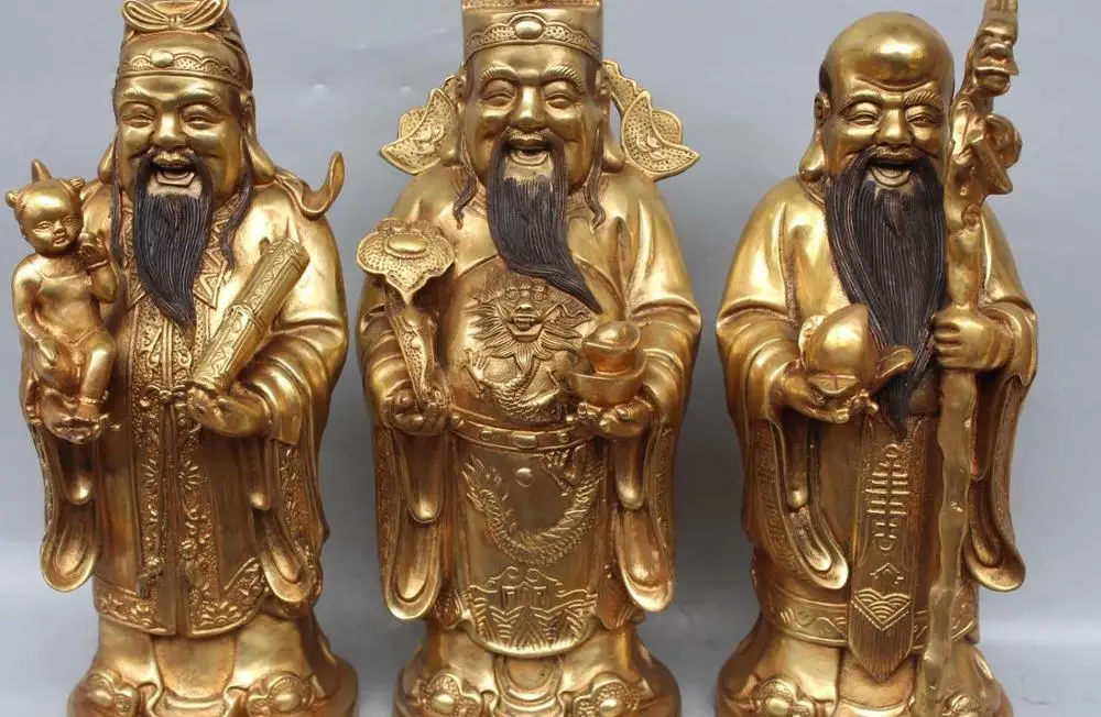 

14" Bronze Gilt Wealth YuanBao Dragon Ruyi Kid Fu Lu Shou 3 immortal God Set