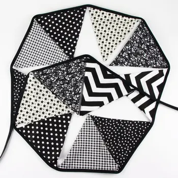 

3.3m 12Pcs/lot Crative Black and White Cotton Fabric Bunting Pennant Flags Banner Baby Shower Tent Wedding Party Decoration