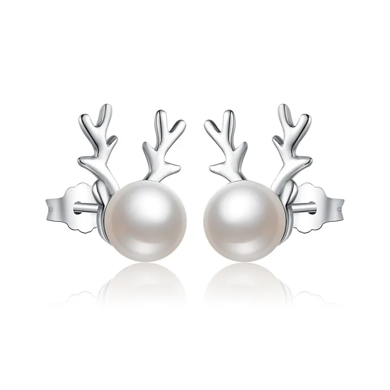 925 Sterling Silver Antlers Pearl Earrings Jewellery Women's 2017 Fashion Antlers Shaped Post Stud Earrings Gifts New Arrival