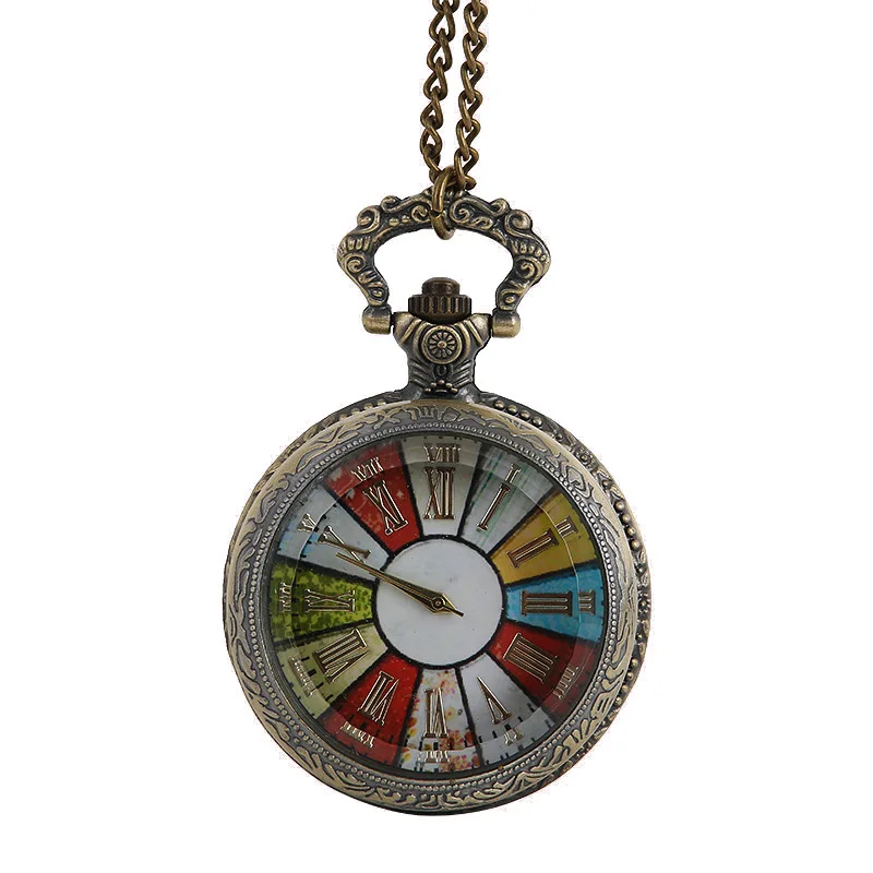 Shellhard 1pc Bronze Colorful Dial Rome Number Quartz Pocket Watch Necklace Pendant Turntable Pattern Vintage Pendant Necklace