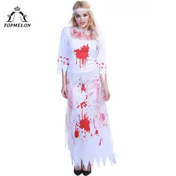 TOPMELON ужас костюм невесты крови узор с длинным рукавом Свадебное платье Белый Gohst невесты Платье для костюмированной вечеринки на Хэллоуин