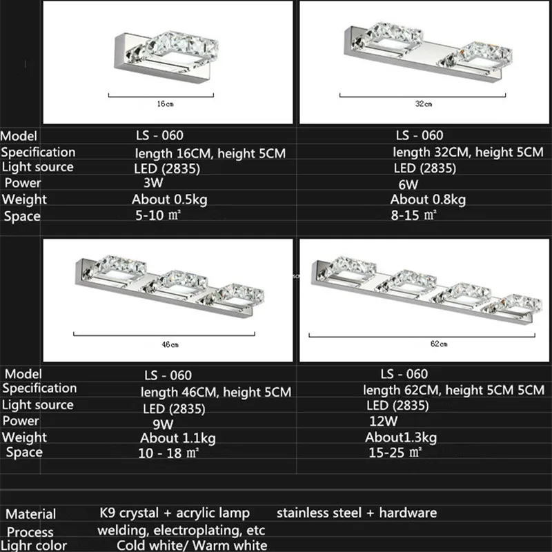 Квадратный/круглый с украшением в виде кристаллов туалетное зеркало со светодиодной подсветкой 16/32/46/62 см длинные холодный белый/теплый белый светодиодный настенный светильник 110/220v лампы для ванной комнаты/настенный светильник