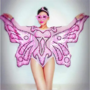 

Sexy Printed Crystals Bodysuit Dance Wear Evening Party Performance Stretch Jumpsuit Female Singer Dancer Stage Wear With Wings