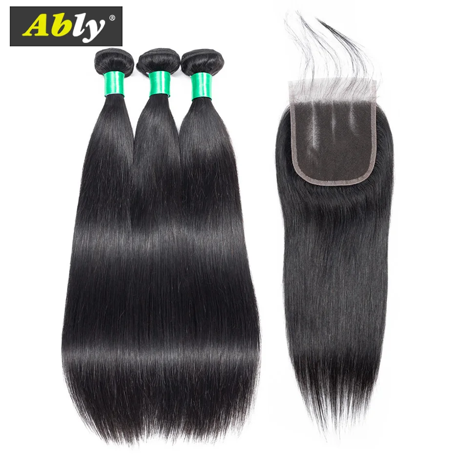 Ably Hair Extentions Peruvian Hair Bundles With Closure Remy Straight Human Hair 3 Bundles With Lace Closure Natural Color#1B