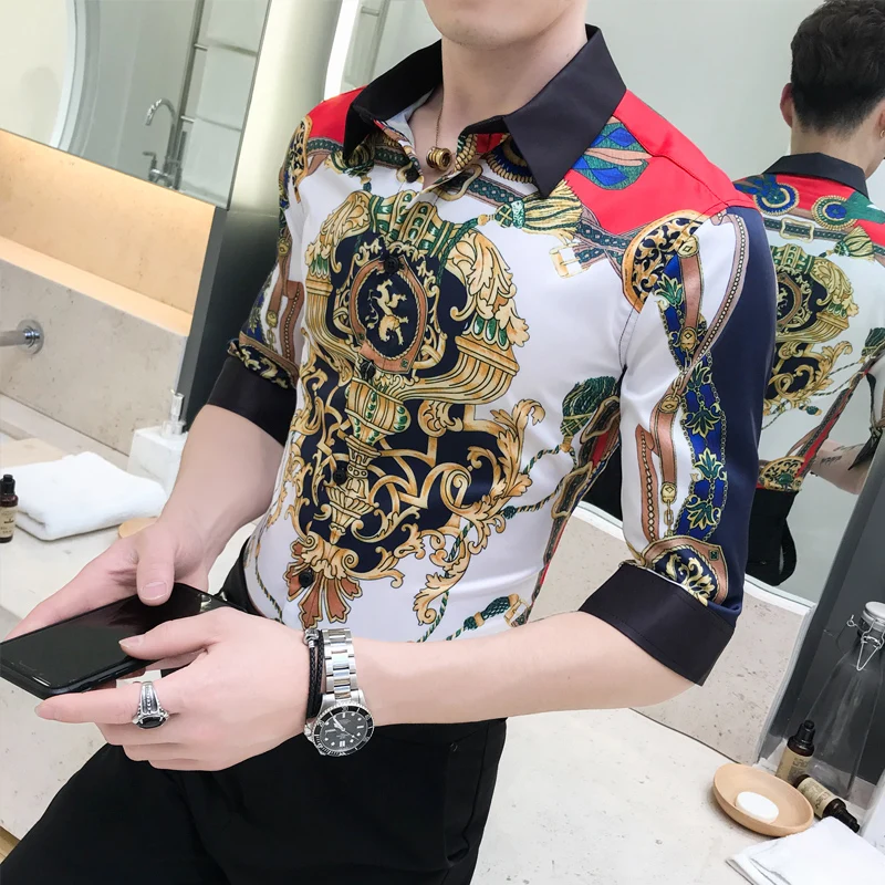 Koop Lente en Zomer 2019 mannen Vijf Mouwen Midden mannen Korte mouwen shirt Sociale Bloem Shirt A236 1963 P55