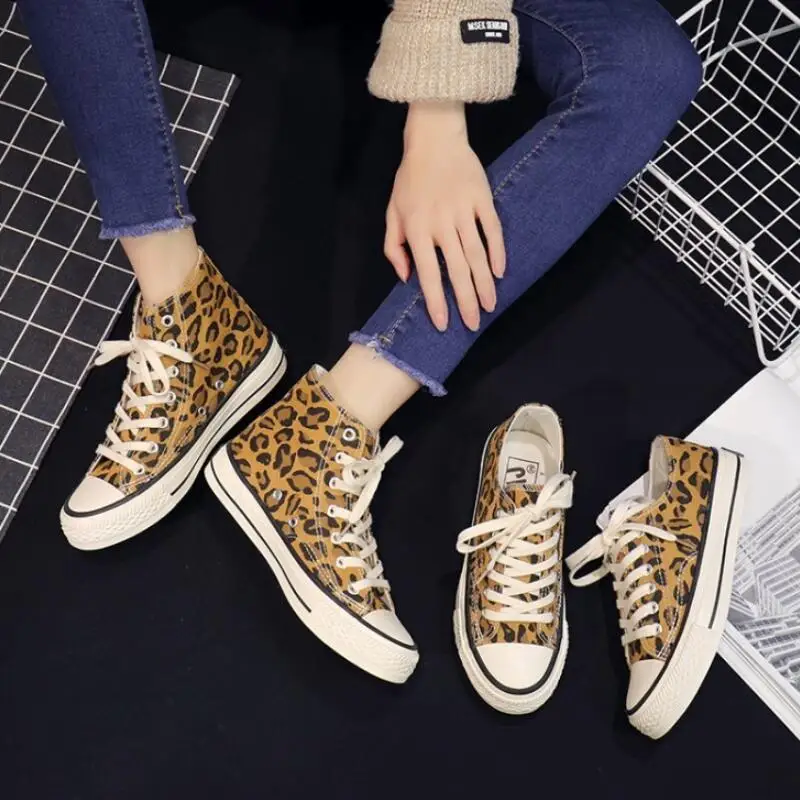 SJJH Women Canvas Leopard Sneakers High Low Top Comfortable Shoes Vulcanize Flats Casual Chaussure Lace-up Ladies Footwear D004