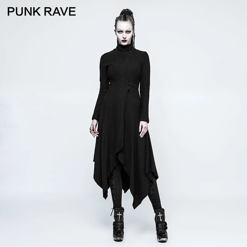 

PUNK RAVE Women's Gothic Black Witch Asymmetry Hem Design Feminino Female Woolen Warm Long Outwear Jacket