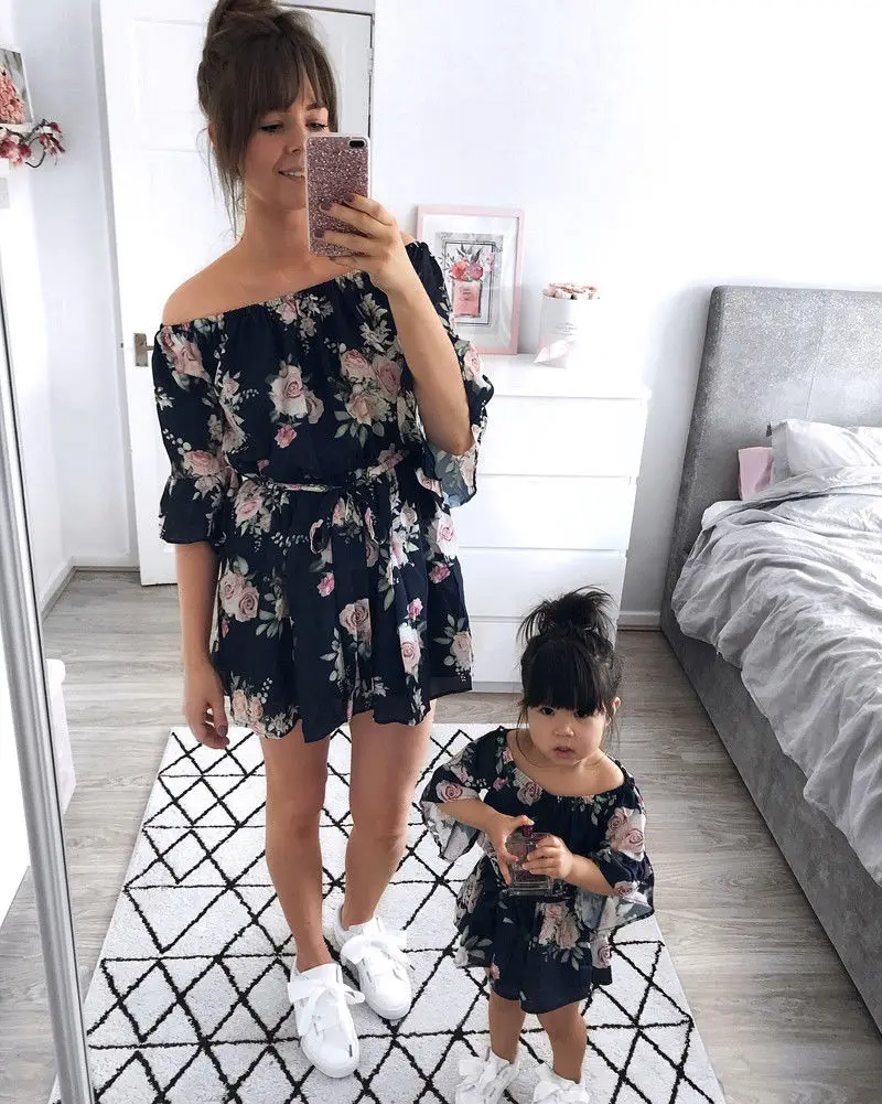 

Women Mother&Daughter Matching Floral Off Shoulder Summer Dress Girl Casual Dress Clothes Outfits