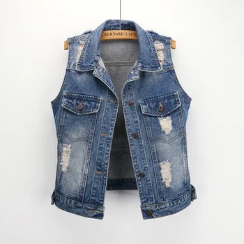 

Fashion Ripped Jeans Vest Women Spring Autumn Vintage Denim Vest Waistcoat Coat Vest Female Girls Sleeveless Jacket Outwear