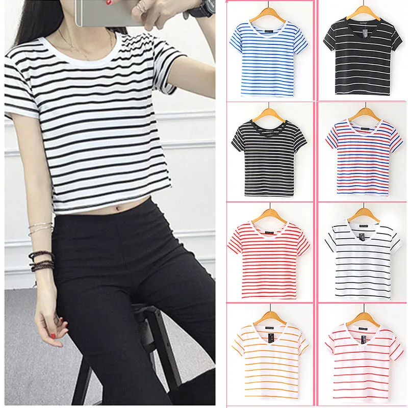 

2019 Newly Hot Summer Women Striped Crop Top T-Shirt Short Sleeve Lady Girl Casual Tee Shirts HD88