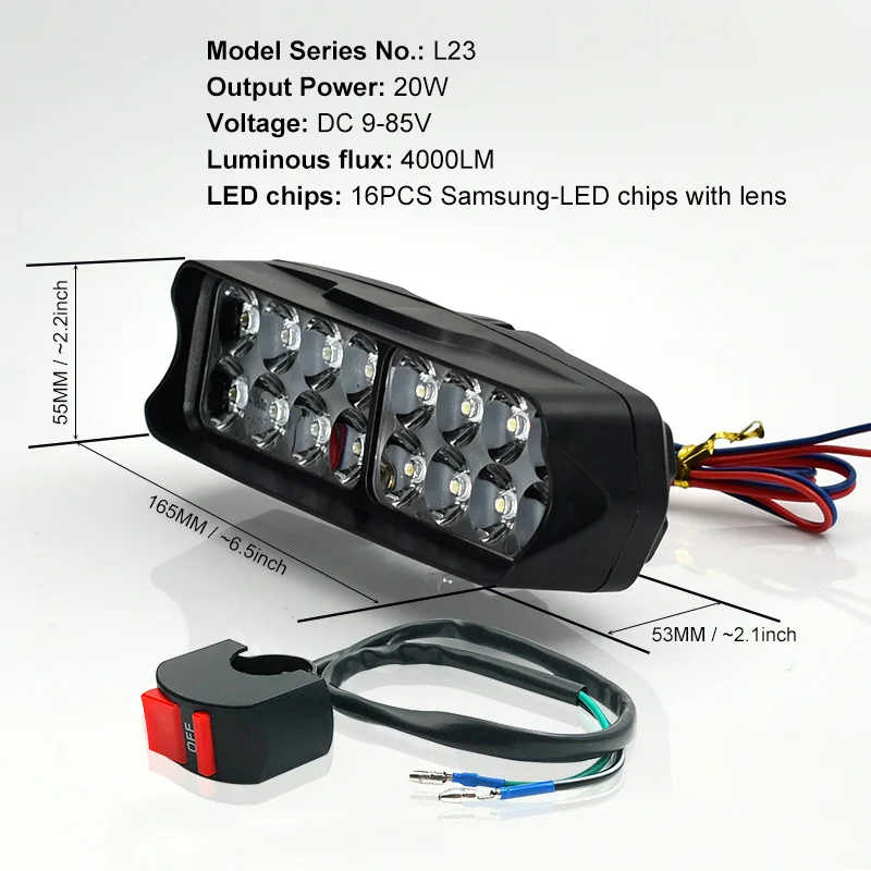 CNSUNNY светильник, мотоциклетный светодиодный светильник, противотуманный светильник, 10 Вт/15 Вт/20 Вт, белый, авто велосипед, для вождения, рабочий Точечный светильник, внедорожный, мото лампа, аксессуары - Цвет: 1pc L23 1pc switch