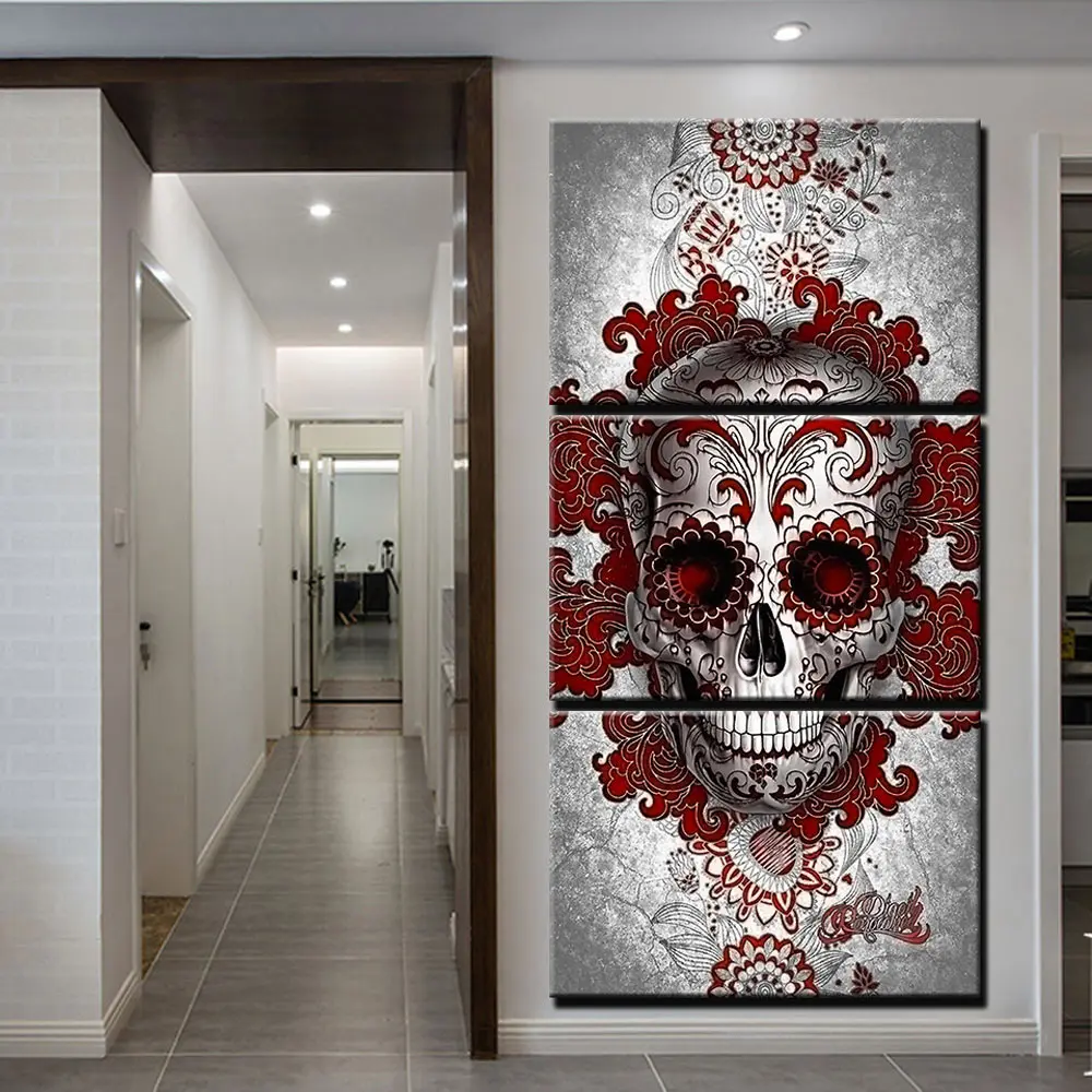 

ArtSailing 3 panel Canvas wall art canvas painting Abstract Skull Posters and prints colorful flower Gray background home decor