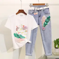 2019 Summwe новый для женщин листьев цветочный принт блёстки короткий рукав Футболка + Высокая талия джинсы для модные комплекты из двух