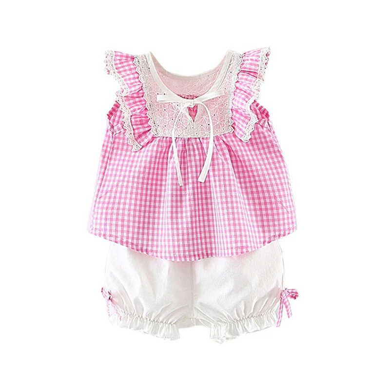 Plaid T-shirt For Girls Clothes Set Summer Tops Plaid Print T-shirt+Shorts Suits Costume kids Clothes Set