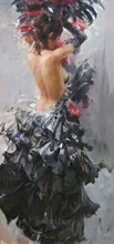 Handmade Abstract Wall Art Decor Calligraphy Portrait Sexy Nude Spanish Flamenco Dancer in Black Dress Oil