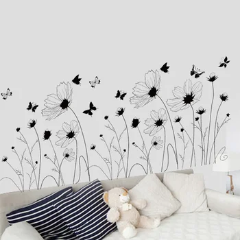 

Black Flowers Butterfly Wall Stickers Living Room Bedroom Headboard Background Wall Mural Poster Decorative Wallpaper Art