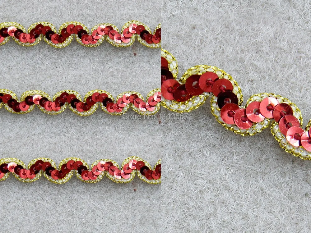 40yard Craft 1cm 1row Red Sequin Trim S shape Braided Trim Decorated