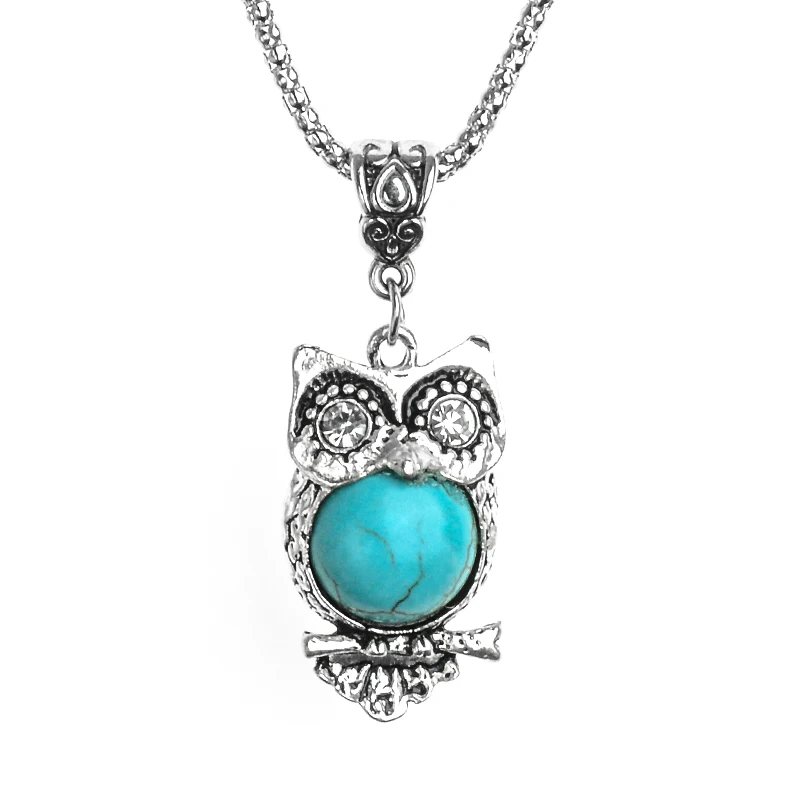 

SHUANGR Vintage style blue natural stone crystal owl necklace pendant Silver-color chain long necklace bijoux femme collier