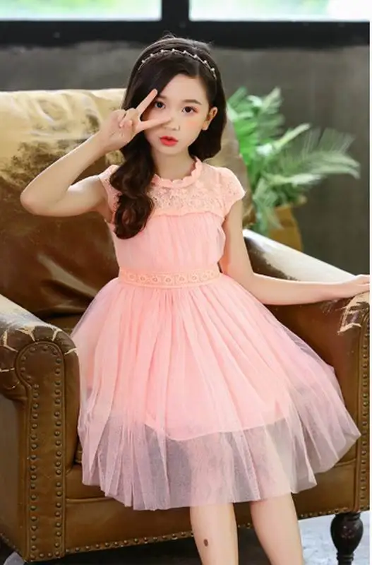 

Princess Dress for Flower Girls Neckline lace short sleeve fluffy gauze Birthday Wedding Party Dress Children Clothing 3-12T