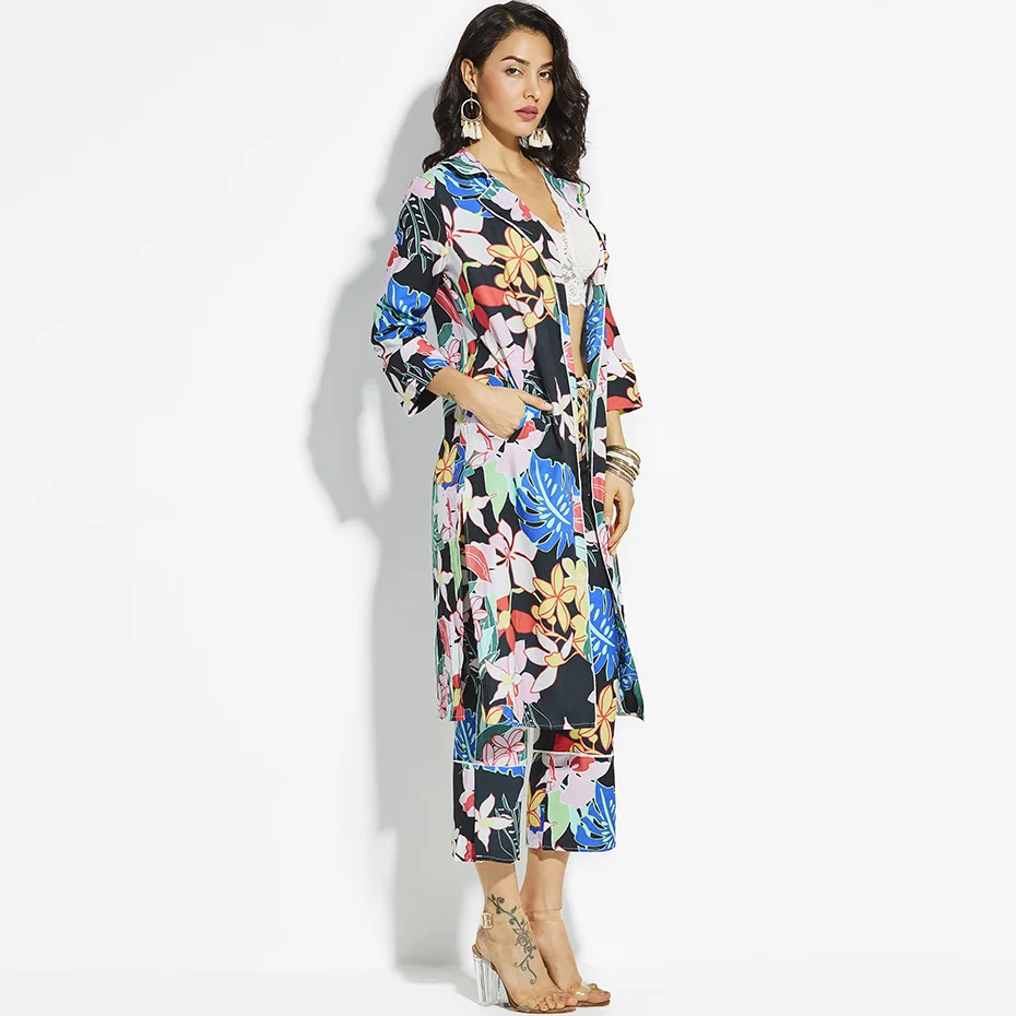 Young17 Vacation Women Coats Green Spring Color Block Floral Print Beach Look Notched Lapel Loose Outwear Loose Trench Coats