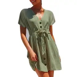 Для женщин с v-образным вырезом платье с коротким рукавом, украшенный бантом высокое приталенное платье для лета, KS-доставка