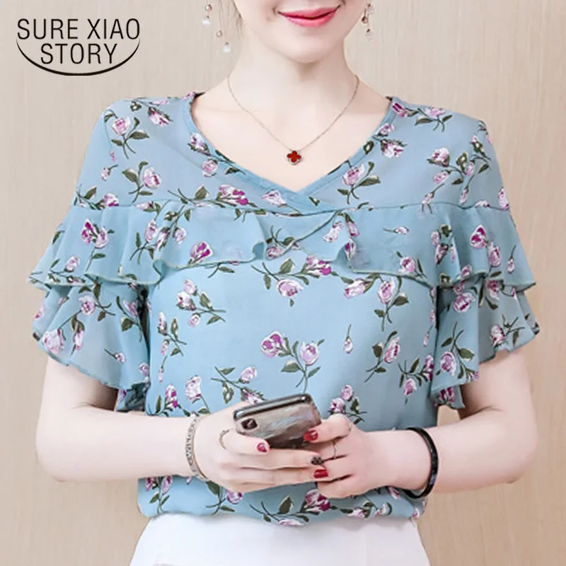 

women's Summer blouses 2019 Women Clothes print Chiffon Blouse shirts women Short Sleeve V Neck Ladies Tops blusas mujer 4481 50