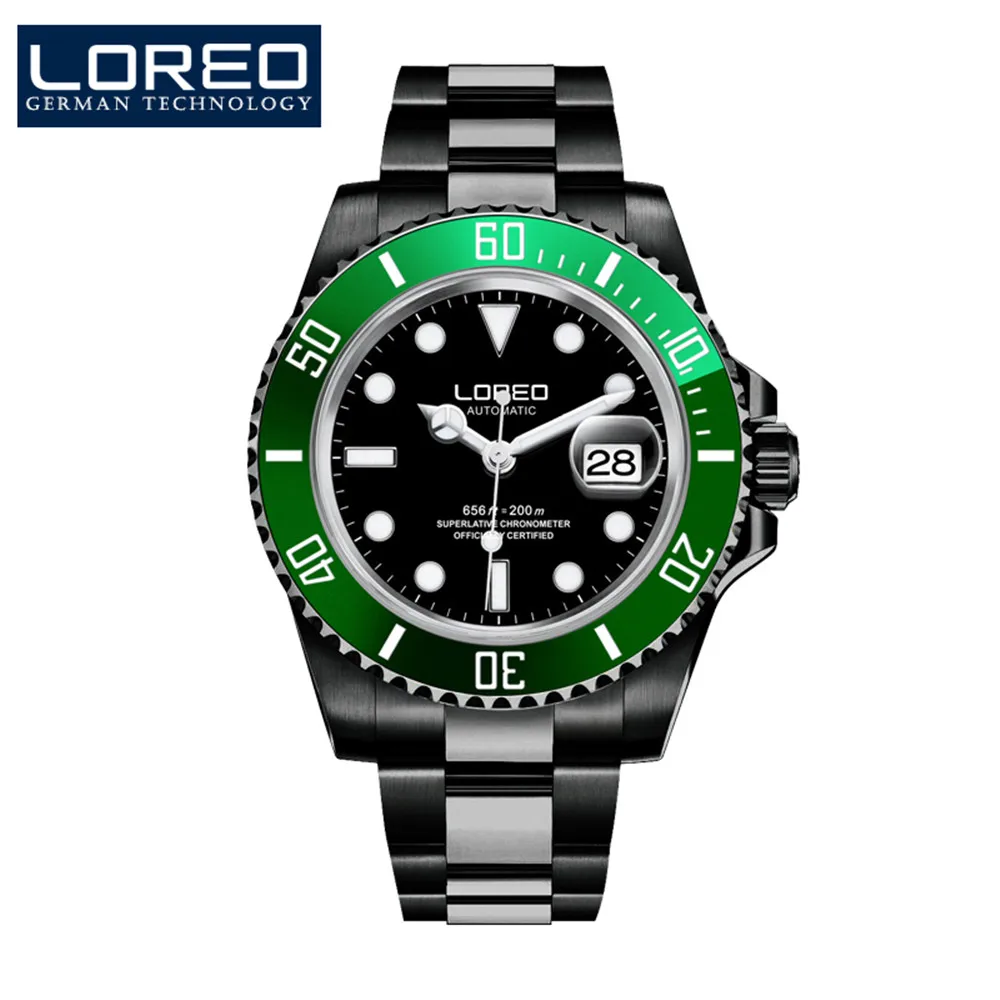 LOREO мужские часы от ведущего бренда, Роскошные сапфировые светящиеся автоматические механические наручные часы Diver 200 м, мужские часы Relogio Masculino - Цвет: Colour 10
