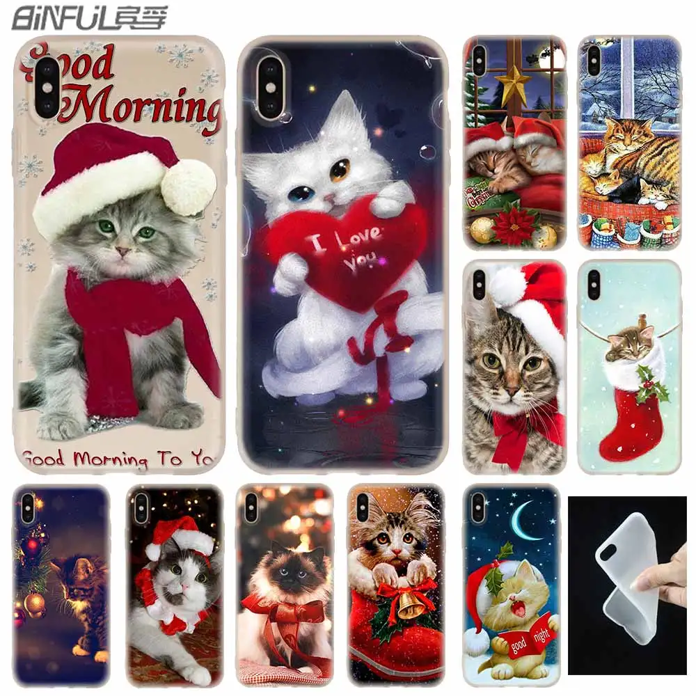Рождественский Кот Мягкий силиконовый чехол для iPhone 13 11 12 Pro X XS Max XR 6 6S 7 8 Plus SE 2020 | Сумки для телефона -32968346964